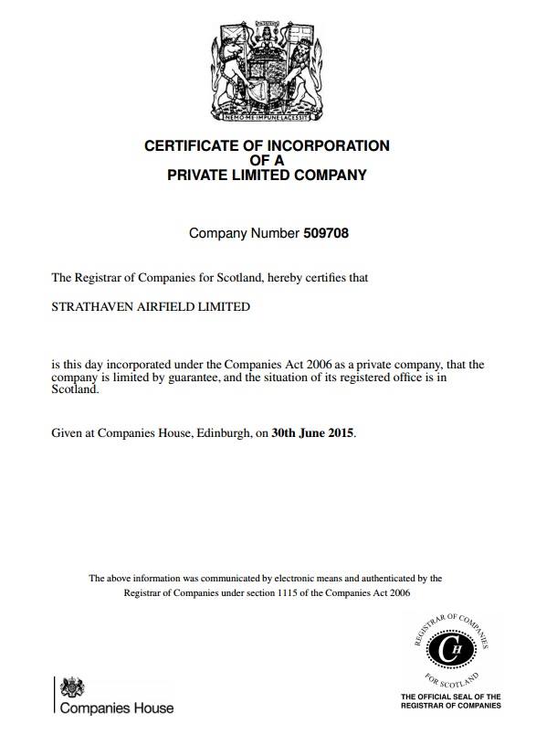 Company Registration document for Strathaven Airfield Ltd